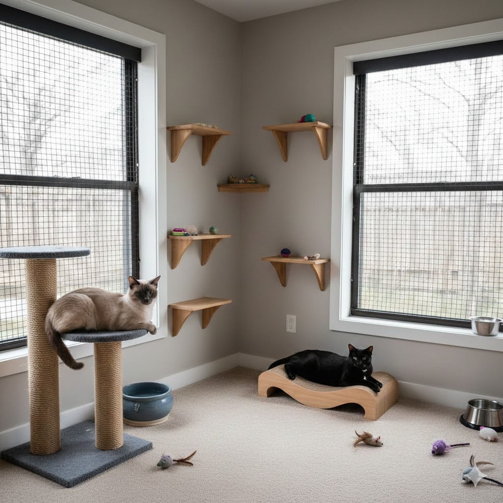 Sala aconchegante com espaço típico de creche felina em Porto Alegre